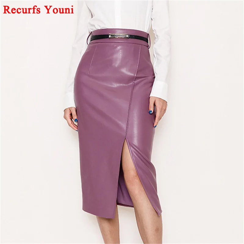 High End Eye-Catching Purple Skirt For Women 2023 Genuine Leather Wide Waist Over Knee Large Slit Wrap Jupe Mujer Long Faldas