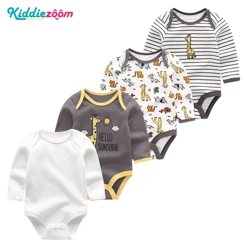 Unisex 4Pieces 100%Cotton Baby Boy Clothes Print Cartoon Autumn Newborn Baby Girl Clothes Solid Color Long Sleeve Spring Bebes