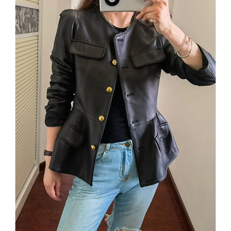 Women's Real Leather Short Fit-slim Jacket Tops 2024 Fall New O-neck Single-breasted Chic Ladies Ruffled 100% Sheepskin Coats