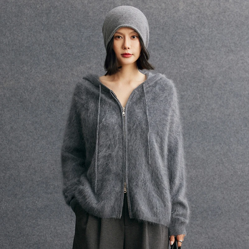 

2025 женский матовый кардиган с капюшоном, 100% чистый кашемир, модный модный теплый свитер, осень-зима, изысканный повседневный трикотаж