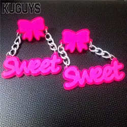 KUGUYS Glitter Pink Sweet Drop Dangle Earrings for Women Bowknot Accessories Acrylic Jewelry