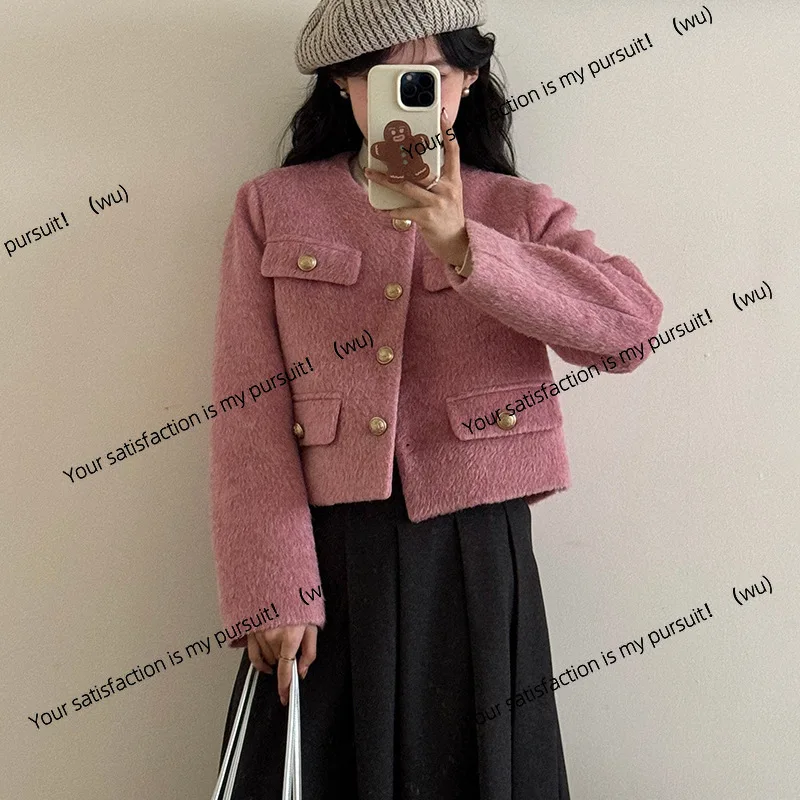 

French short small fragrant top autumn and winter pink small high-end woolen coat