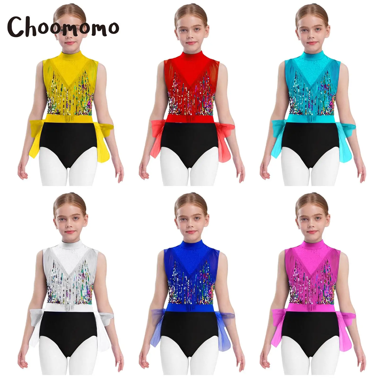 

Girls Ballet Dance Leotard Latin Dance Dress Sleeveless Sequins Tassels Figure Skating Gymnastics Tutu Skirt Bodysuit