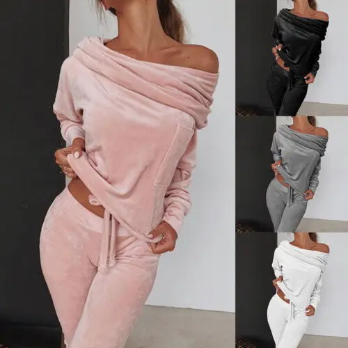 

Sports and Leisure Women's Solid Color Casual One Shoulder Velvet Bow Home Set