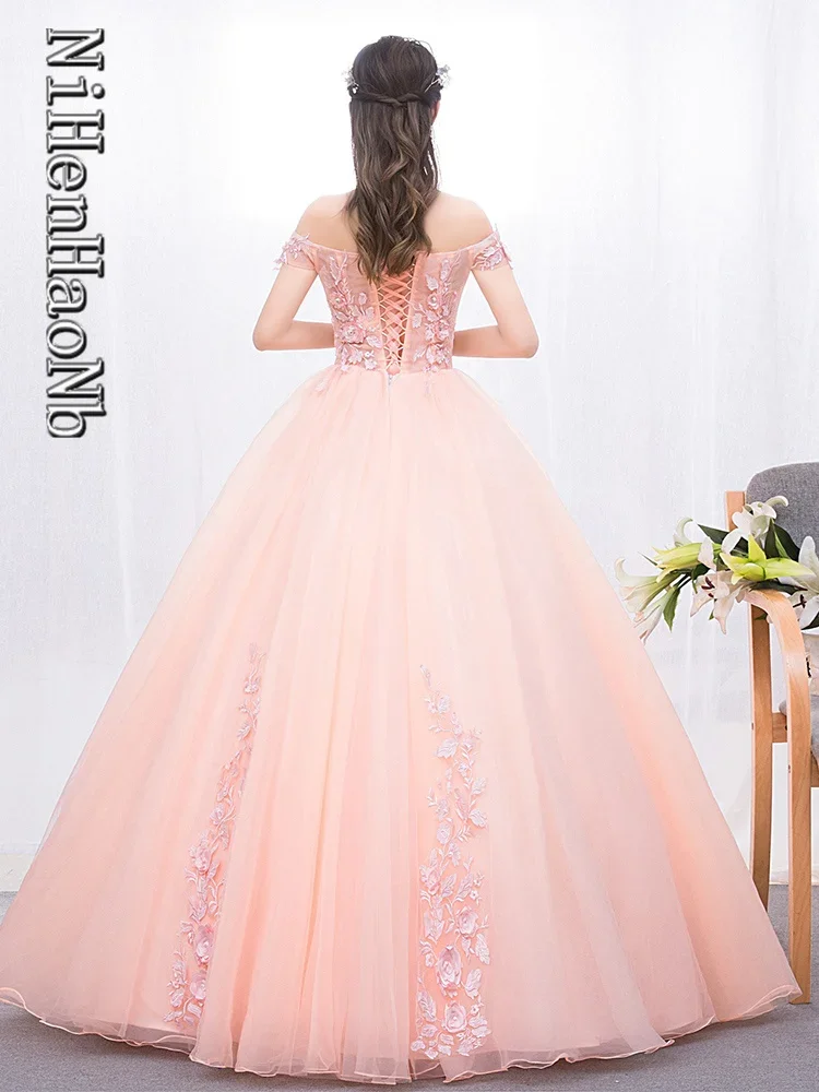 Nuovo rosa chiaro Vestido De Classic Off The Shoulder Quinceanera abiti dolce pizzo floreale Robe De Bal