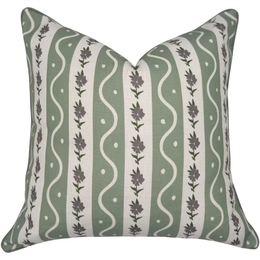 

Floral Block Print Pillowcase - Green Stripes on White Background - Grandmillennia Decorative Throw Pillow Cover