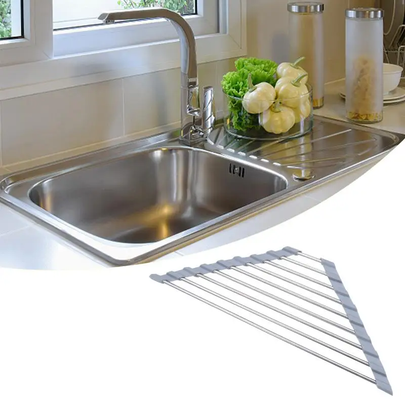 Triangle Dish Drying Rack Sink Anti-Rust Corner Roll Up Caddy Sponge Holder Kitchen Foldable Stainless Steel Dish Drainer Mat