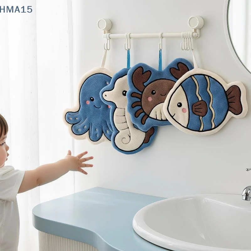 【YA】Cute Ocean Animal Microfiber Hand Towels Soft Absorbent Plush Fabric Skin-Friendly for Kids Bathroom Washing