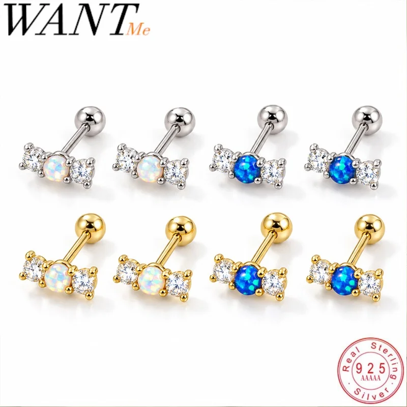 WANTME 925 Sterling Silver Minimalist Luxury Opal Screw Bead Stud Earrings for Women Fashion Elegant Ear Bone Unique Jewelry