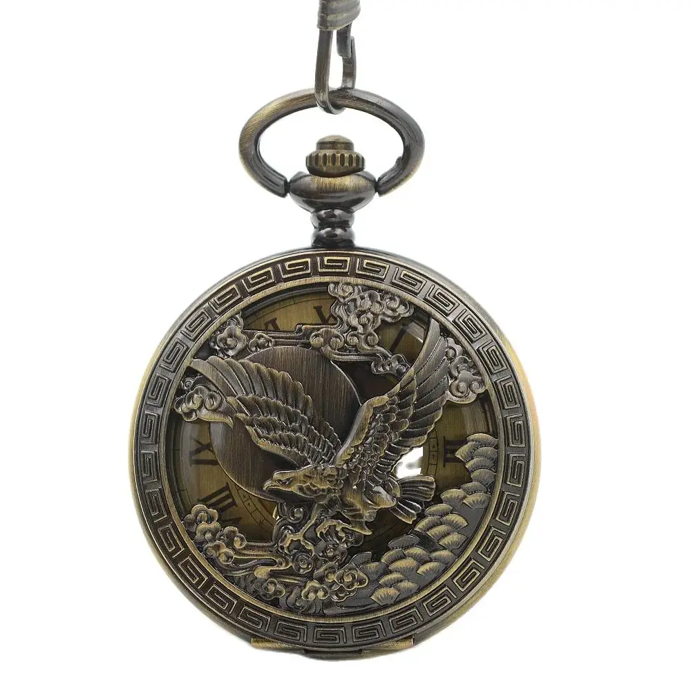 Vintage Style Bronze Tone Flying Eagle Mechanical Pocket Watch With Chain Roman Numerals Hand-Wind Steampunk Reloj de bolsillo