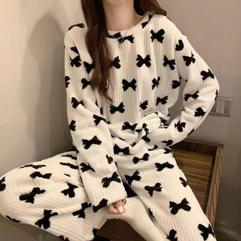 Women\'s Fall and Winter Pajamas Homewear Suit Bow Coral Velvet Pajamas Homewear New Women\'s Outer Loose Thickened Lazy Suit