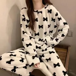 Women's Fall and Winter Pajamas Homewear Suit Bow Coral Velvet Pajamas Homewear New Women's Outer Loose Thickened Lazy Suit