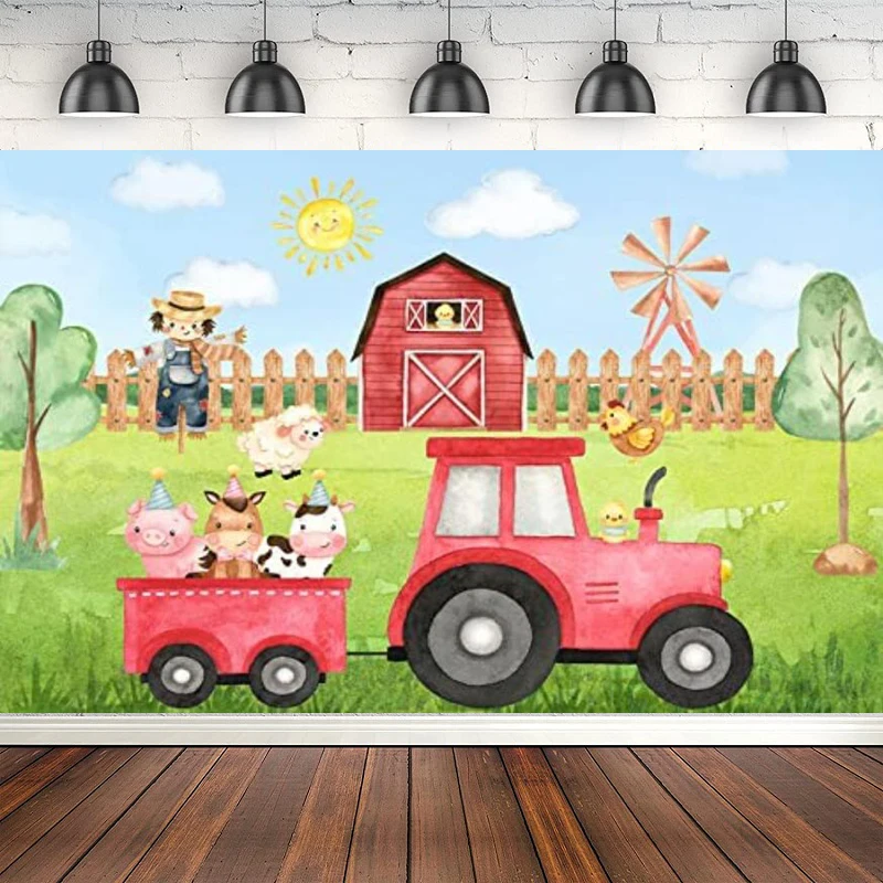 Photography Backdrop For Kids Birthday Party Decoration Banner Cartoon Farm Animals Red Barn Tractors Baby Shower Background