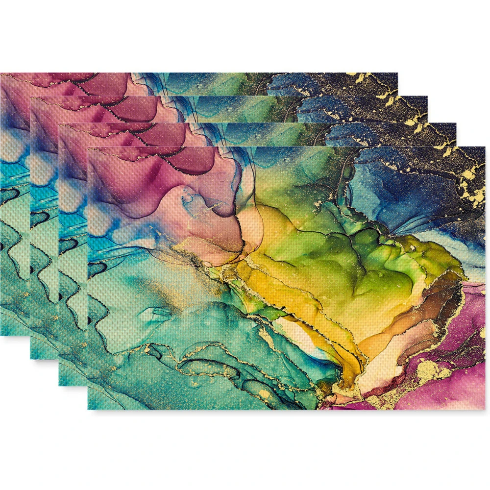Purple Teal Gold Alcohol Ink Marble Linen Placemats Non Slip Heat Resistant Mats For Modern Glam Formal Dining Decor