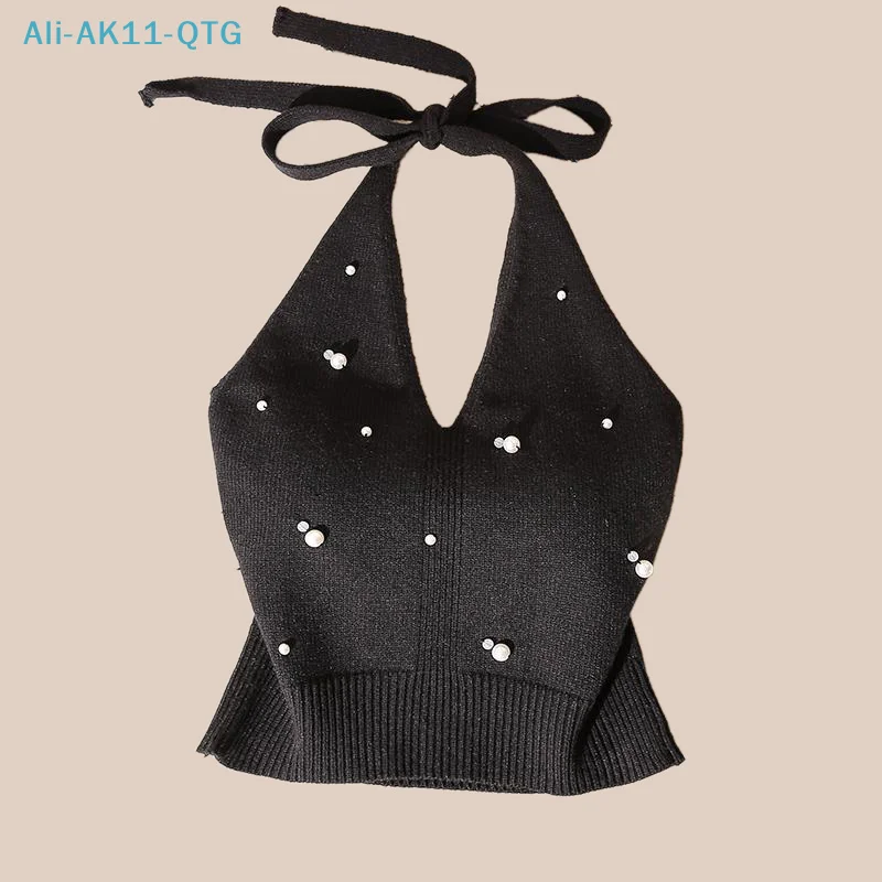 NEW Fashion French Beaded Halter Neck Tie Knot Backless Knitted Vest For Women