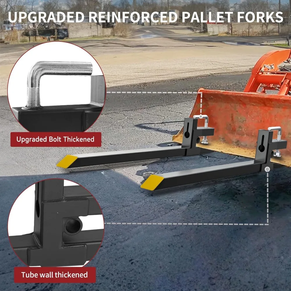 Abrazadera en horquillas para palés, horquilla de cubo de fijación rápida de alta resistencia de 2000 libras con barra estabilizadora ajustable para patín de cargadora de tractor