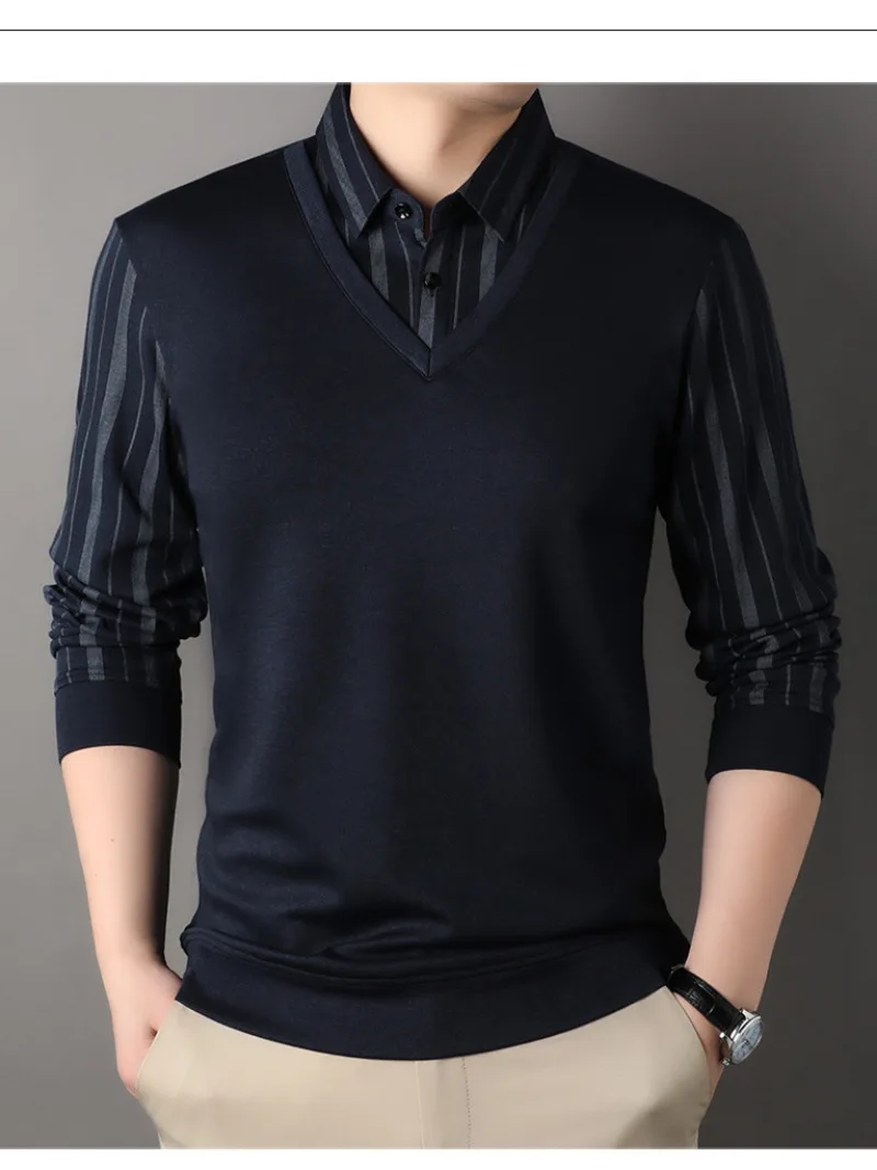 Autumn men's casual long-sleeved shirt middle-age men's wear soft Comfort Men's neck-necked high-profile shirt