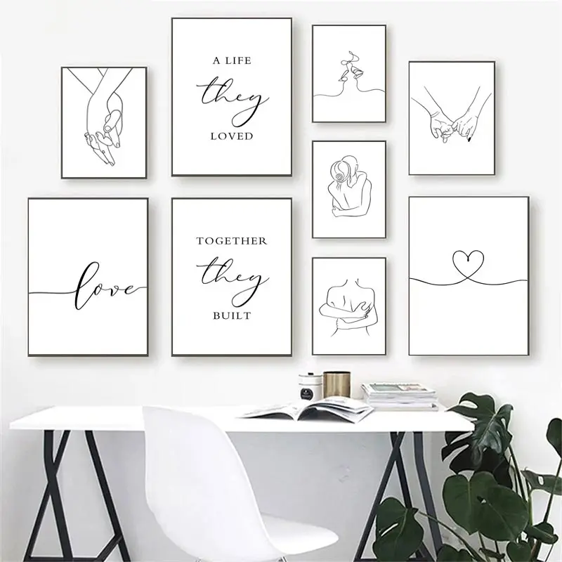 AZNM Minimalist Couple Line Art Canvas Wall Art Lover Hug Hold Hand Heart Love Text Print Painting for Bedroom Living Room Home