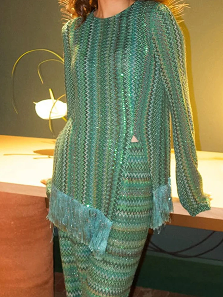 Casual Long Sleeve O-neck Tops&Pants Sets Autumn New Ladies Homewear Suits Chic Contrast Color Printed Tassel Hem Two Piece Sets