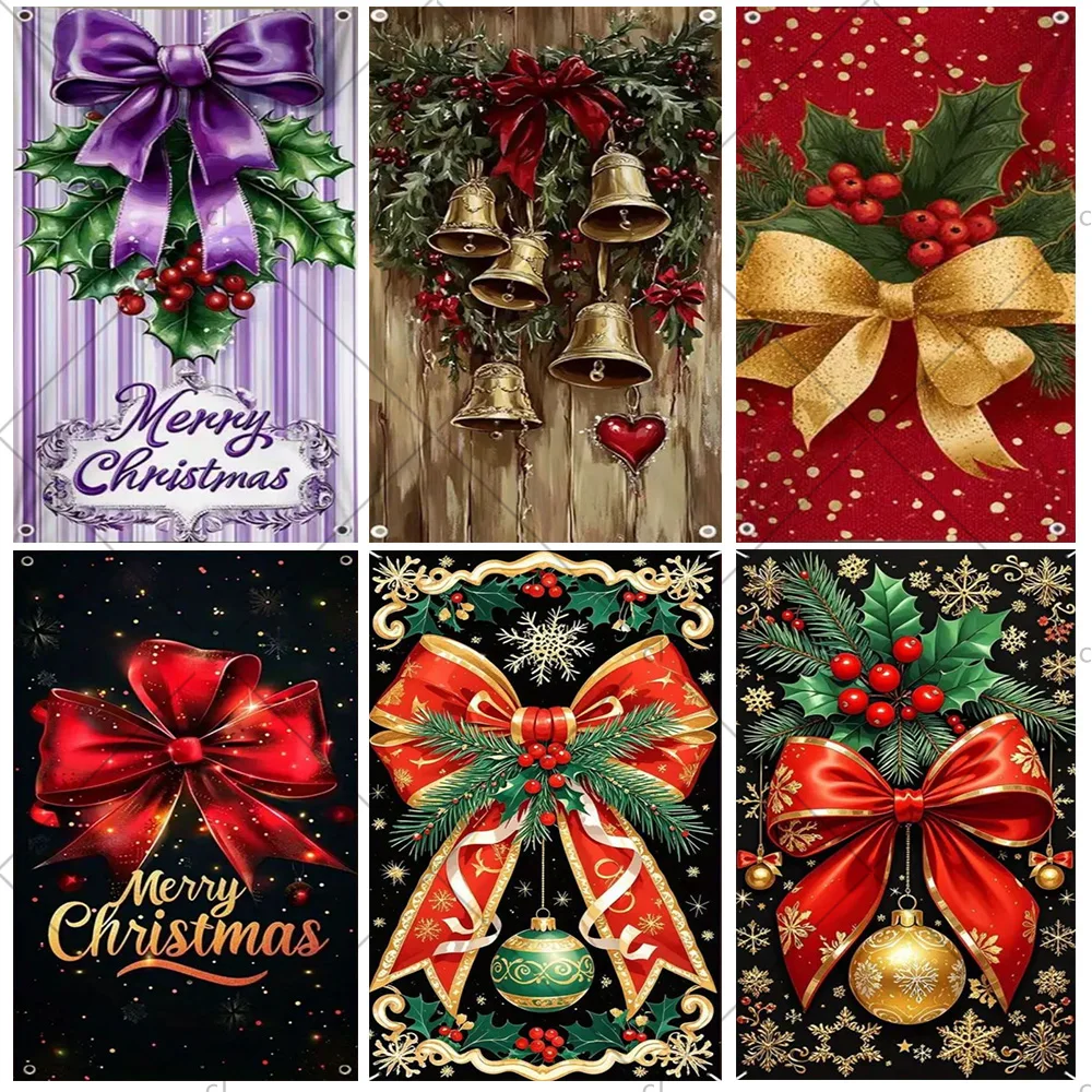 

Winter Christmas Door Cover Decoration Santa Claus Xmas Gift Box Bowknot Backdrop Indoor Outdoor Porch Banner Party Supplies