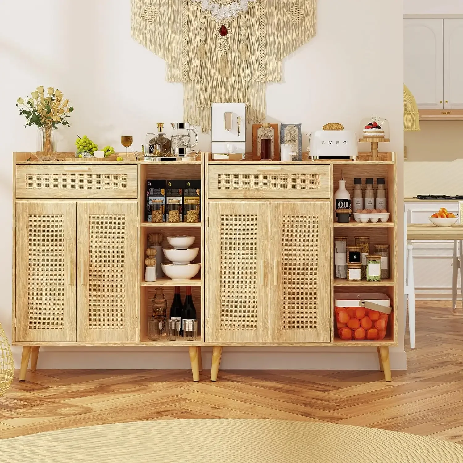 Storage Cabinet with Rattan Doors, Rattan Sideboard Cabinet with 1 Large Drawer, 2 Doors & 3 Shelves, Freestanding Storag