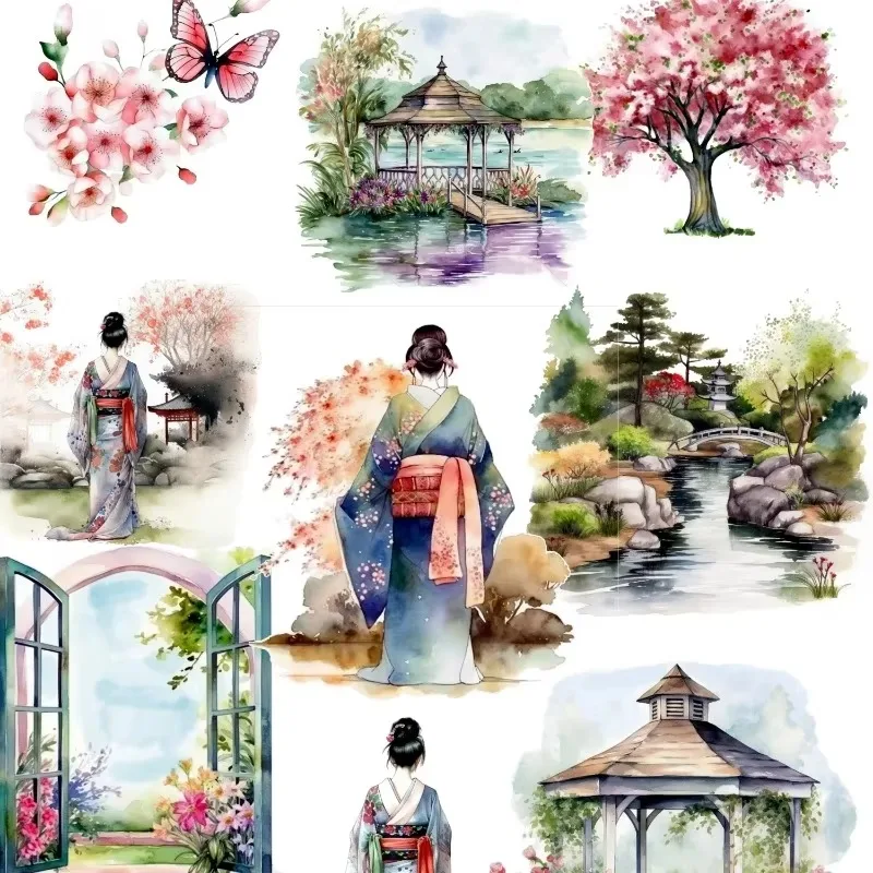 1 set Watercolor Spring Courtyard Sakura Tree Kimono Girl  Stickers Diary Album Decoration scrapbooking  stationery stationery