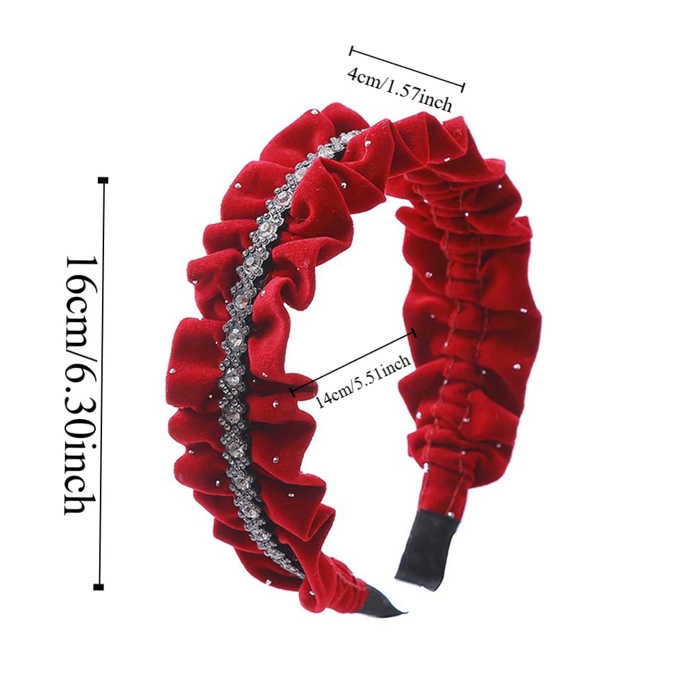 Элегантный бархатный плиссированный обруч для волос во французском стиле, головной убор, блестящая повязка на голову со стразами, полиэстер, красная женская повязка для волос с блестками, повседневная