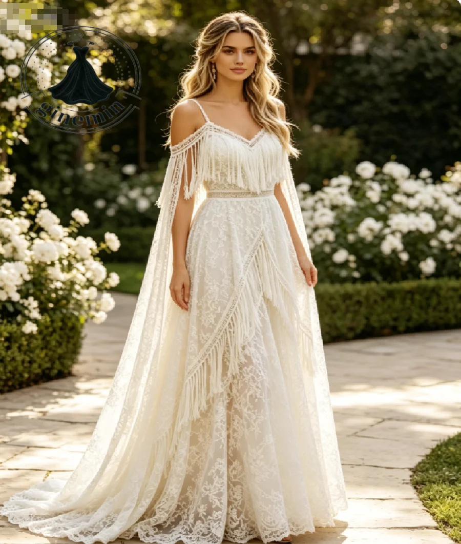 Rustic Bohemian Wedding Dress With Fringe Tassel Ivory Crochet Boho Lace Fairy Forest Bride Gowns Gypsy Gatsby Rustic Country