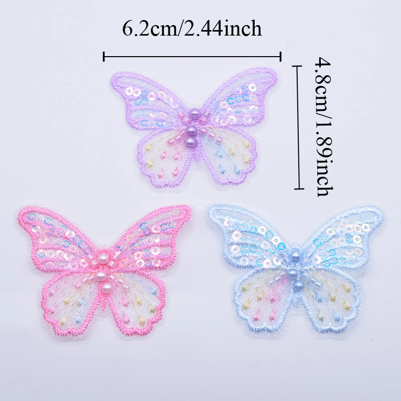 12Pcs 62*48mm Exquisite Sequins Embroidered Mesh Butterfly for DIY Headwear Hair Clips Decor Clothes Hat Shoes Sewing Patches