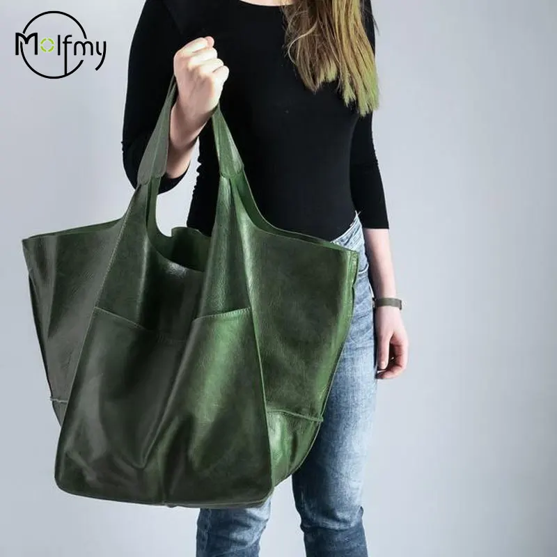 Large Capacity Tote Bags Women Handbags Casual Soft Designer Luxury Metal Look Pu Leather Shoulder Bag Retro Big Shopper Purses