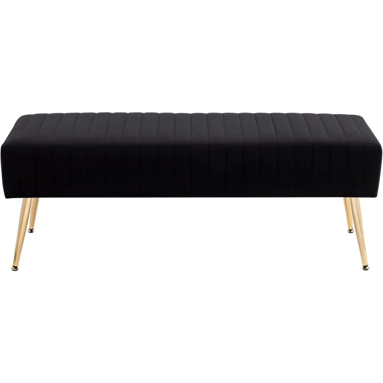 44 Inch Bedroom Bench, Upholstered Tufted Striped Fabric Ottoman Bench with X-Shaped Metal Legs for Living Room