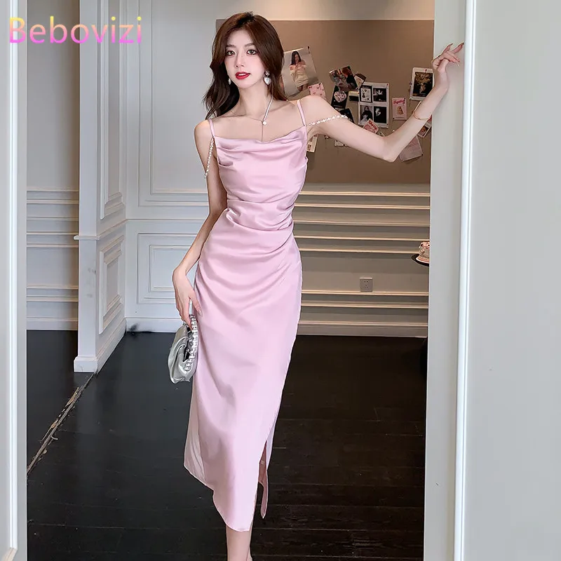 

Fashion Korean Summer New Satin Sling Dinner Party Dress Women's Slim Waist Split Dresses