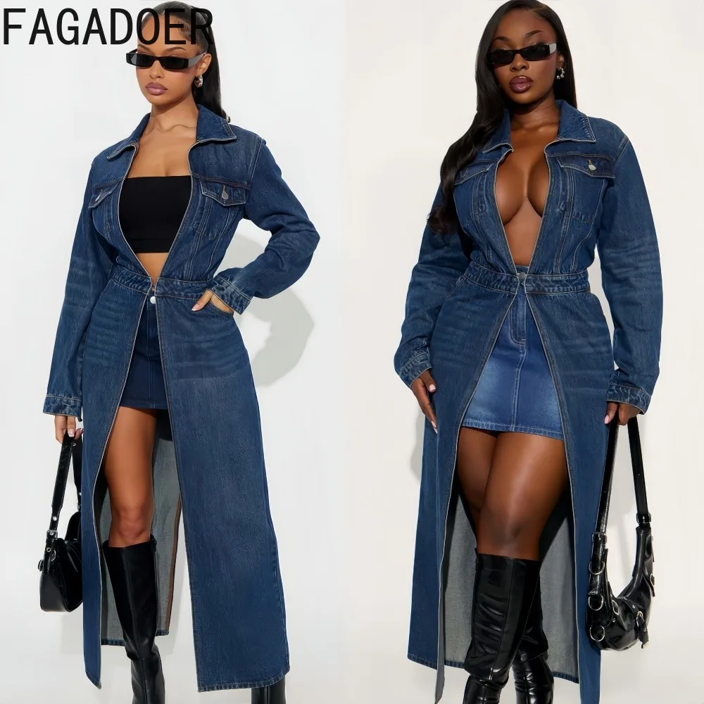 

FAGADOER Y2K Fashion Denim Coat for Women Solid Color Long Sleeves Pocket Patchwork Cardigan Female Streetwear Clothing 2025 New
