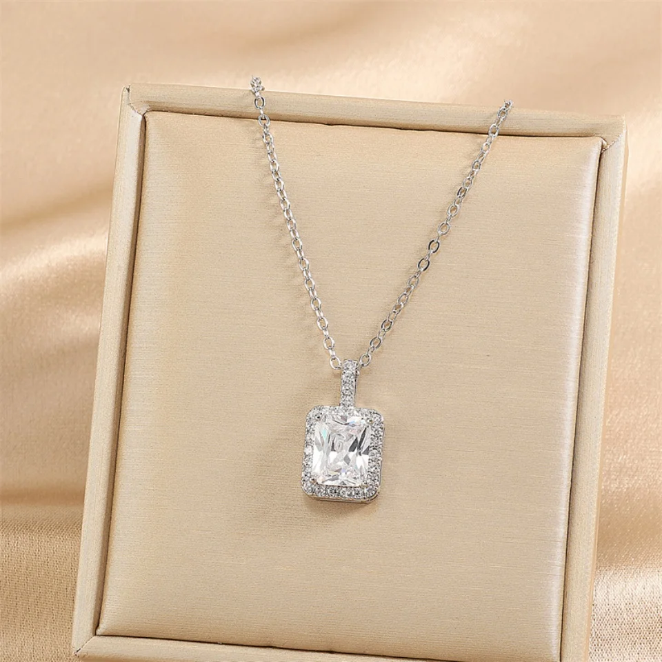 Yupsk Luxury Zircon Square Pendant Necklace For Female Elegant Colorful CZ Necklace For Bridal Wedding Jewelry Gift image 3
