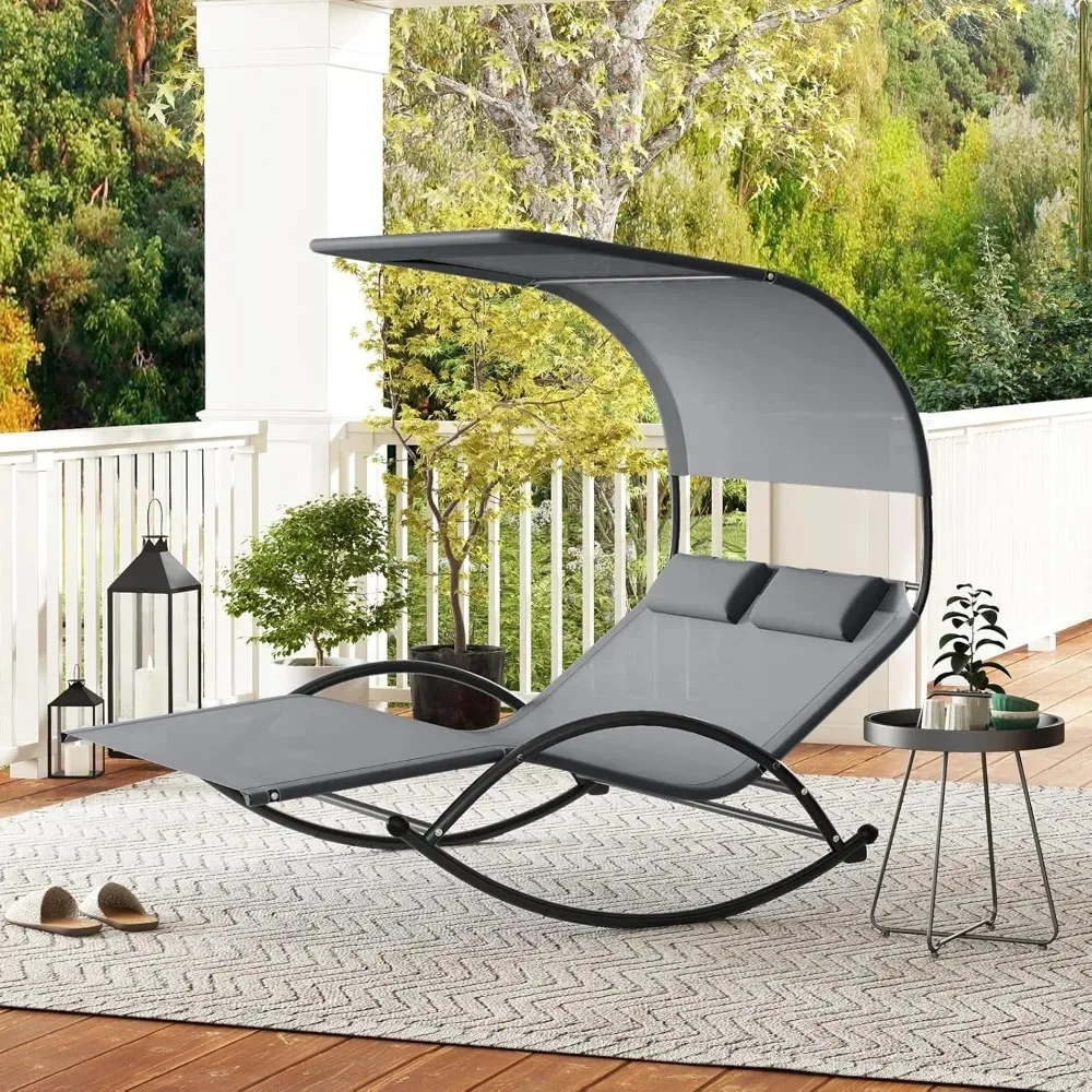

Outdoor Chaise Lounge Rocker, 2-Person Rocking Daybed Sun Lounger with Sun Shade Canopy & Headrest Pillows, Hammock
