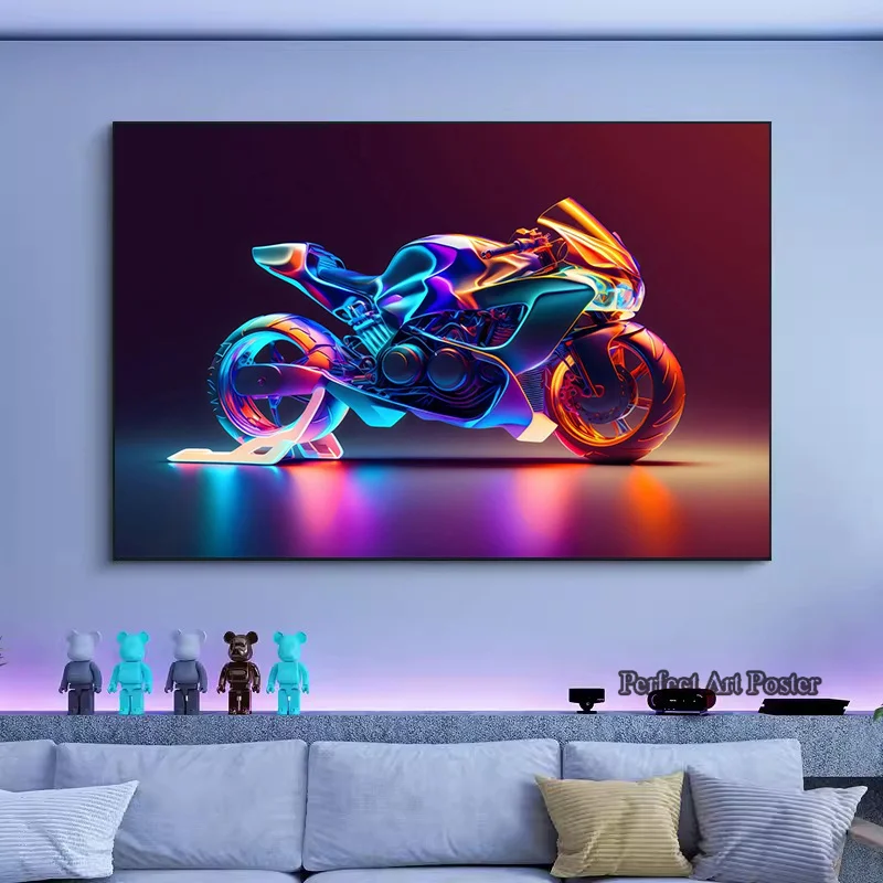 Neon Effect Motorcycle Poster Print Picture Wall Art Canvas Painting Room Home Decor Boy Girl Locomotive Enthusiast Gift NO LED