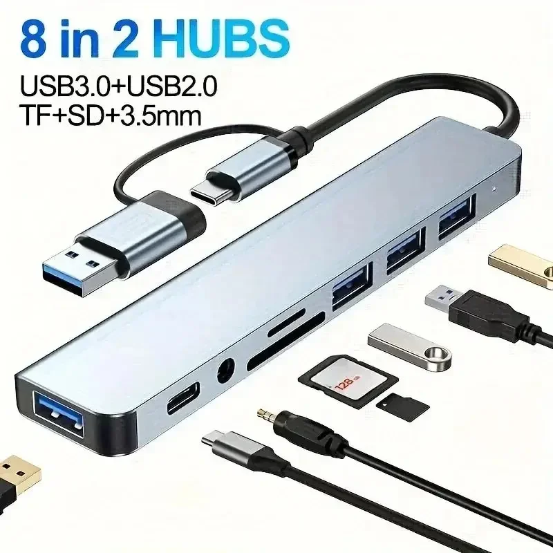 8in2 USBハブ スプリッター付きリーダー USB Cポート 3.0/2.0 SD/TFカード ドッキングステーション