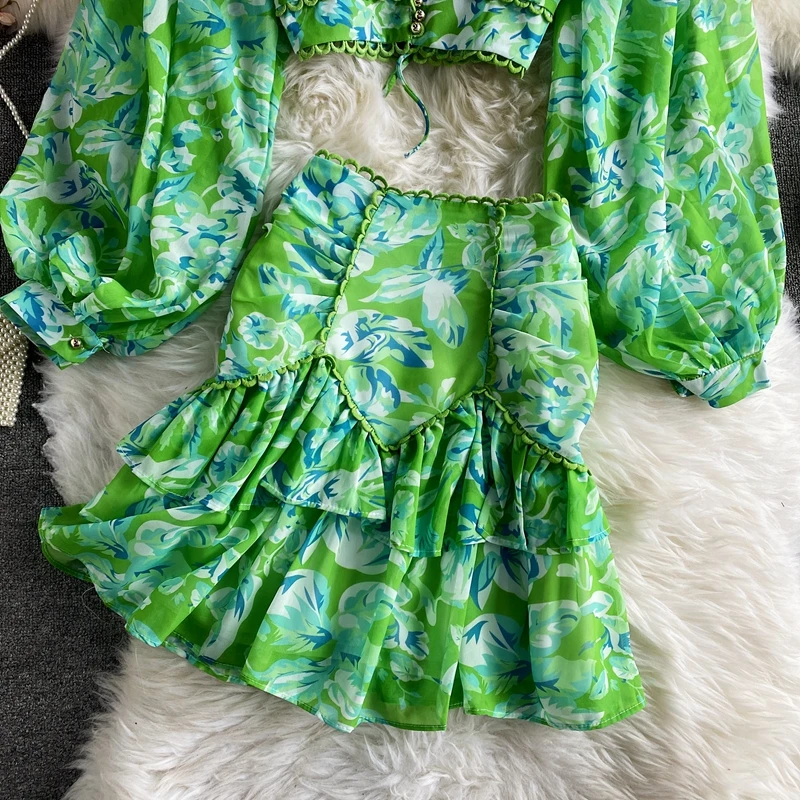 Sexy Chiffon Two Piece Set Women Spring Autumn Elegant V-Neck Long Sleeve Short Tops + Ruffle Mini Skirt Female Printed Suit New