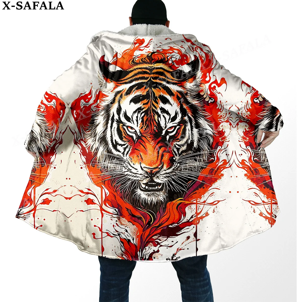 Mythology Tiger The King Spirit Thick Warm Hooded Cloak Men Overcoat Coat Windproof Fleece Cape Robe Hooded Blanket-7