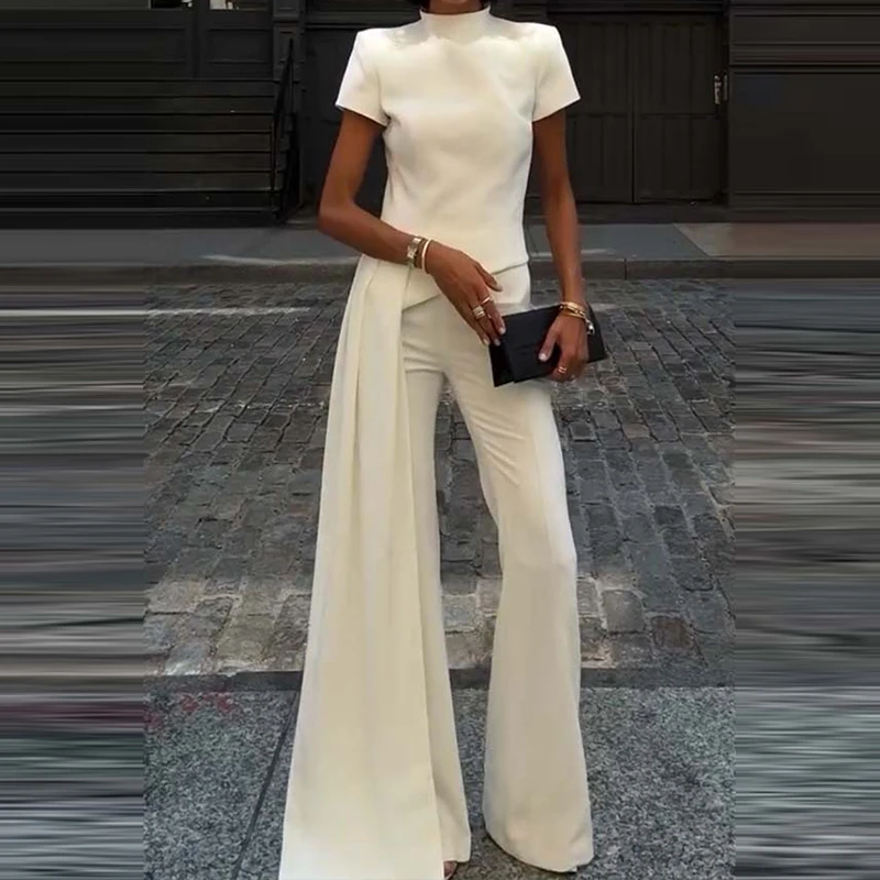 Mode Stehen Kragen Einfarbig Unregelmäßigen Set Casual Kurzarm Pullover & Lange Hose Outfits Frauen Elegante Pendeln 2 Stück anzug