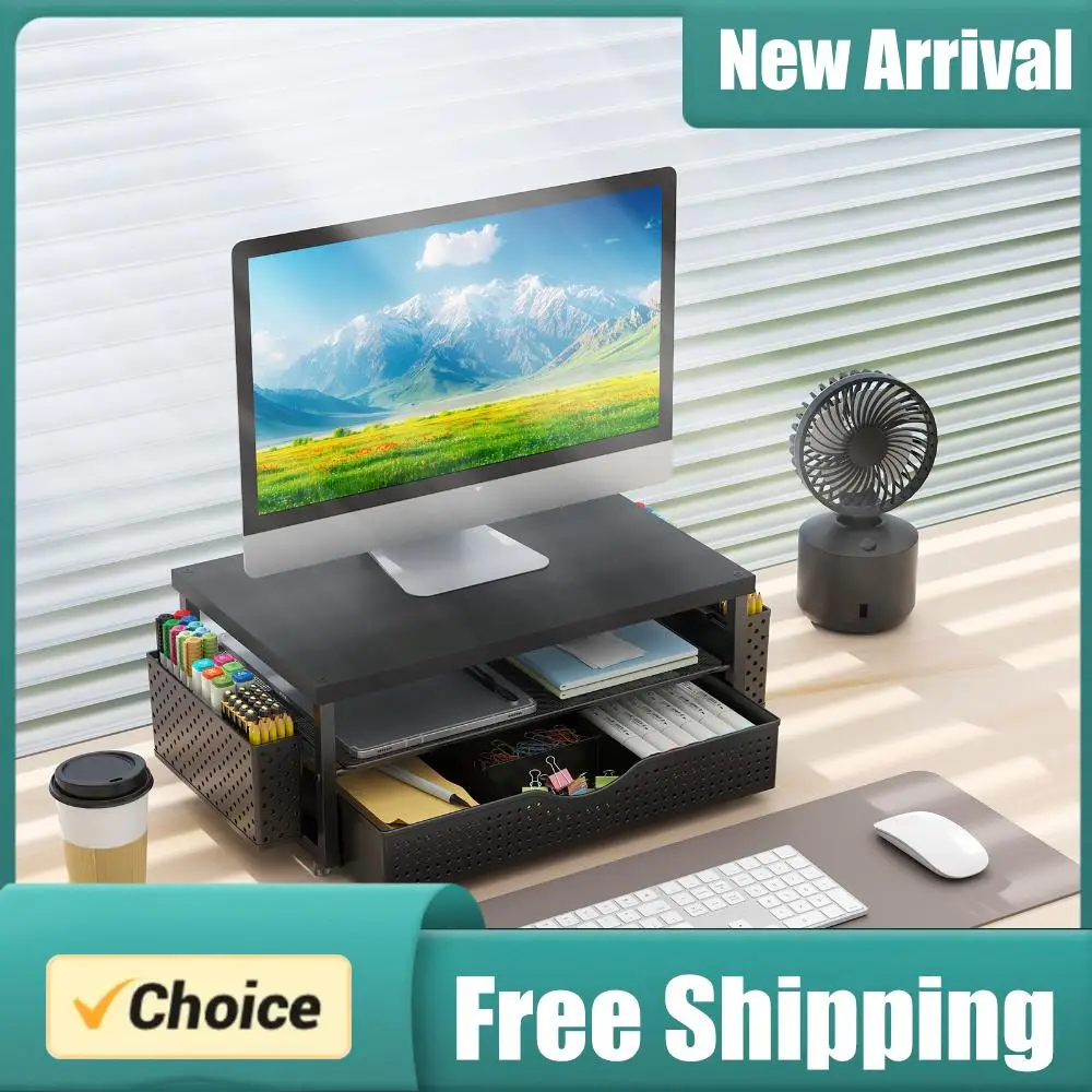 2-Tier Computer Monitor Stand Riser with Drawer and 2 Pen Holders Desk Monitor Riser Laptop Riser for Office Supplies