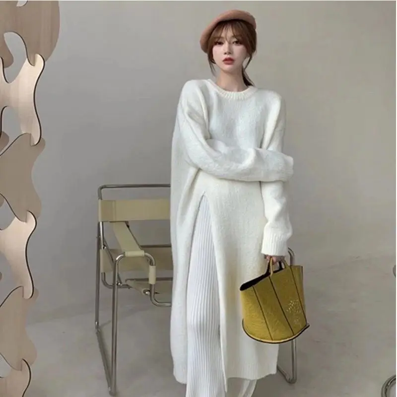 

Усовершенствованный и ленивый пуловер, трикотажное платье с боковыми разрезами для женщин, нестандартная похудение, основа, свитер длиной до колена, длинная юбка
