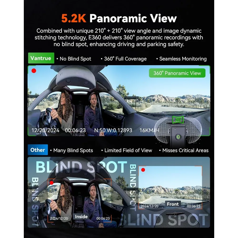 E360 5.2K 360° Panoramic Dash Cam, 5GHz WiFi&GPS,   Voice Control, Touchscreen, 24/7 Buffered Parking Mode, Support 512GB Max