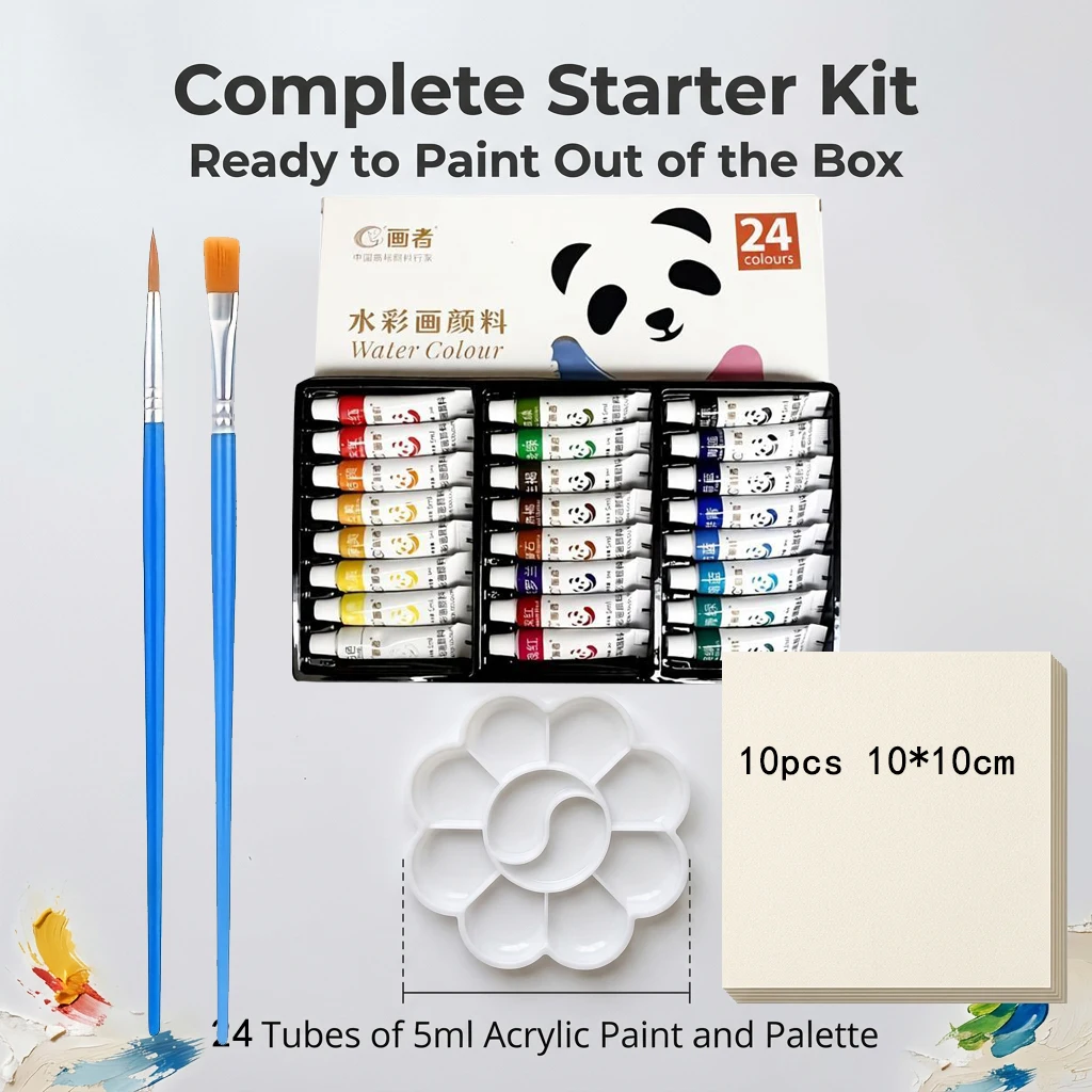 12/18/24 color watercolor paints + palette + 10 sheets of 10*10cm watercolor paper + 2 oil painting brushes, painting with paint