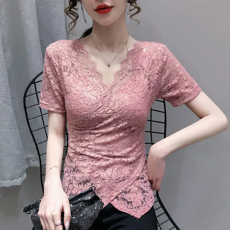 2024 Summer New Women's Pullovers Solid Color V-Neck Spliced Lace Elegant Versatile Slim Appear Thin Short Sleeve T-shirt Tops