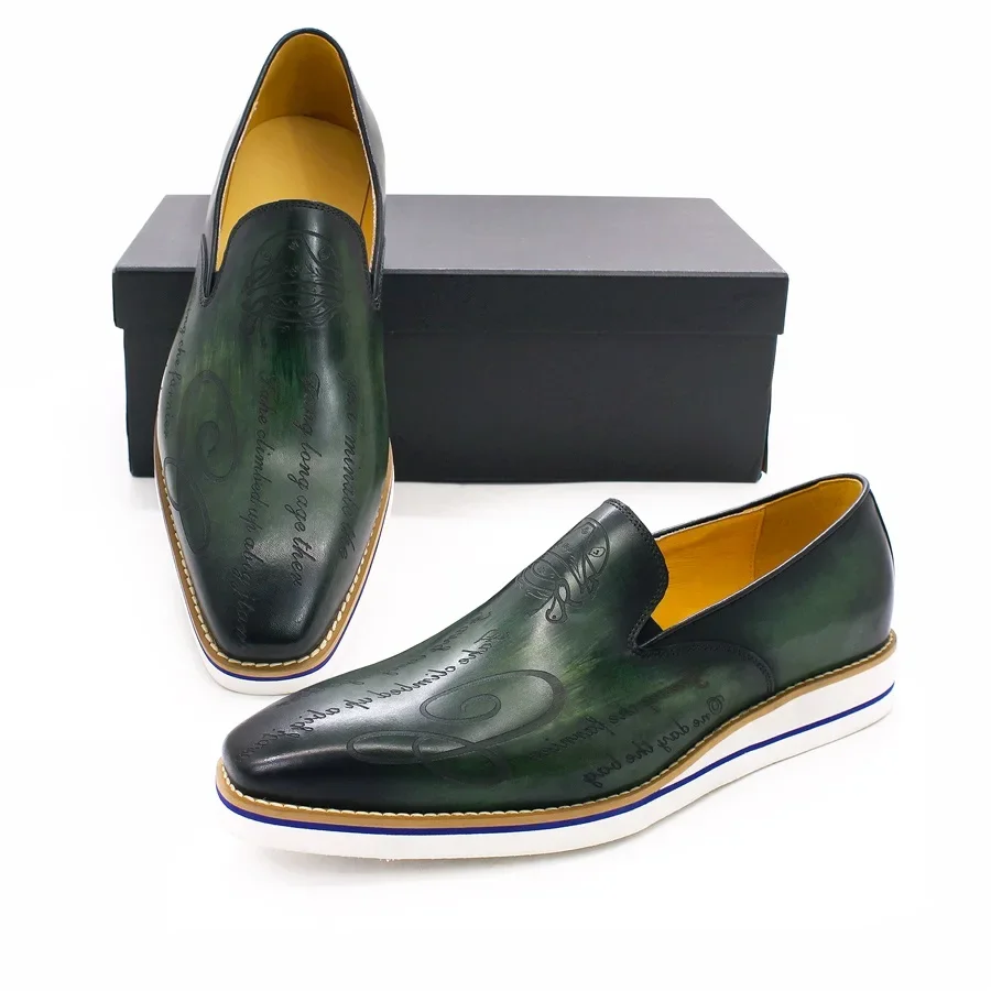 Fashion Men's Casual Shoes Genuine Leather Handmade Green Comfortable Flat Loafers Laser Pattern Men's Banquet Leather Shoes