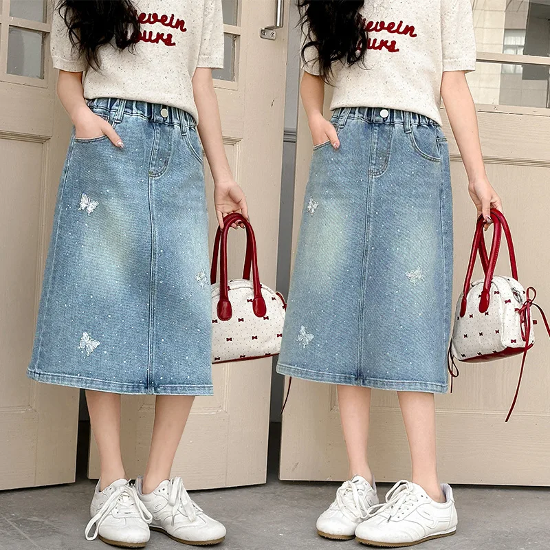 New Summer Style Girls Denim Skirt Suitable Teen Children Fashion and Versatile Heavy-duty Butterfly hot diamond denim dress