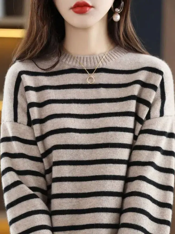 

Loose Women's Knitted Sweater round Ne Striped Casual Faionable Base Layer Autumn Winter New Sle Comfortable Warm Top