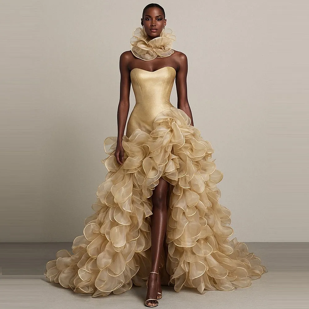 

Платье для дня рождения цвета шампанского с высоким и низким вырезом, многоуровневое шикарное тюлевое вечернее платье Aso Ebi, 2026 коктейльные платья