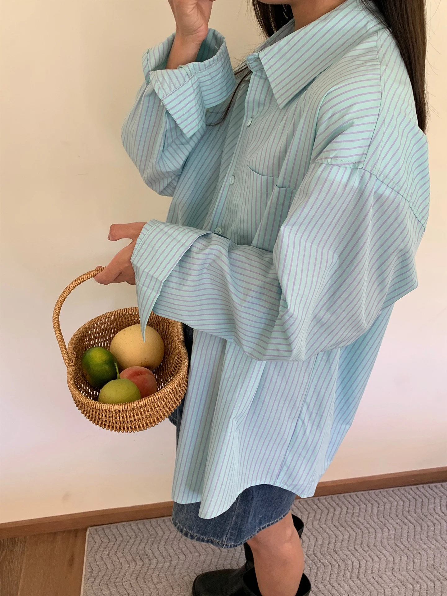 

Loose Fit Mint een Striped irt Korean Sle Girls Casual Top Versatile Outerwear Summer Cotton Long Sve Button up